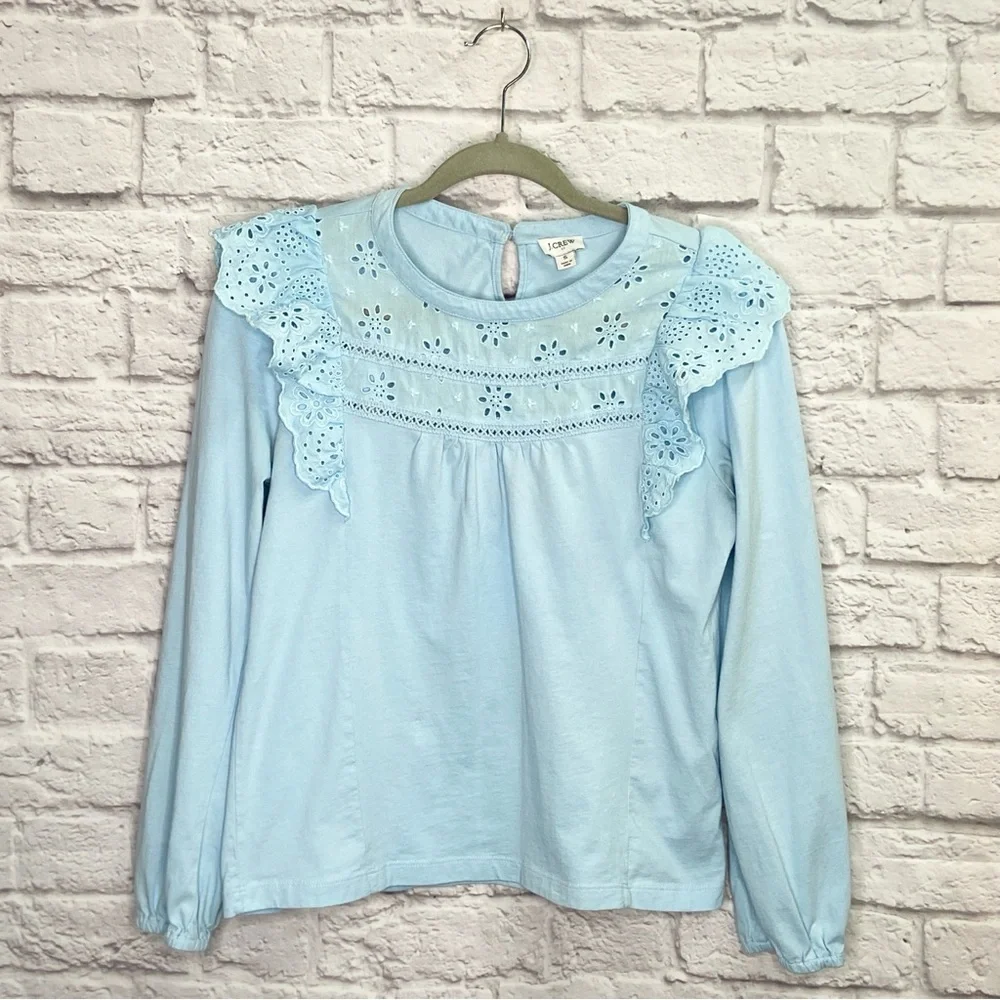 J Crew Womens Long Sleeve Eyelet Ruffle Top Size S Cotton Loose Pullover Blue
